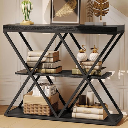 Garvee 3-Tier Entryway Table, Industrial Console Sofa Table with Storage, Accent Table with Open Shelves, X-Shaped Metal Frame, Foyer Table for Entryway, Hallway, Black