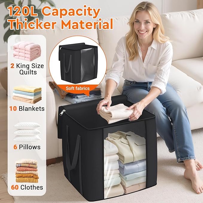 TasticTotes 120L Extra Large Clothes Storage Bags, Foldable Blanket Storage and Organization, Thick Fabric Containers with Reinforced Handles & Zippers for Clothing, Comforters, Bedding, Black, 2 Pack