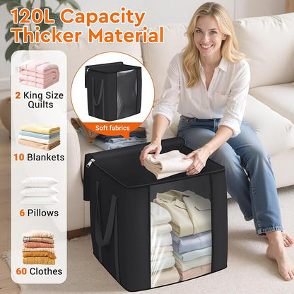 TasticTotes 120L Extra Large Clothes Storage Bags, Foldable Blanket Storage and Organization, Thick Fabric Containers with Reinforced Handles & Zippers for Clothing, Comforters, Bedding, Black, 6 Pack