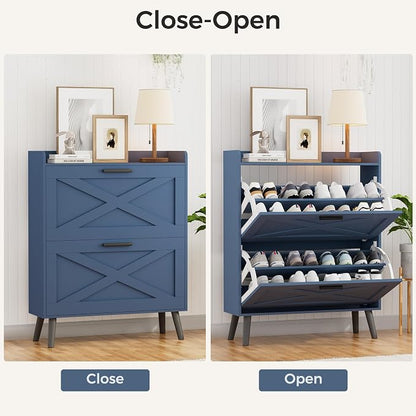 Homleke 32" W Farmhouse Shoe Storage Cabinet with 2 Flip Drawers and Barn Door Design, Adjustable Shelves, Modern Hidden Slim Narrow Shoe Rack Cabinet for Entryway, Foyer, Hallway, Living Room, Blue