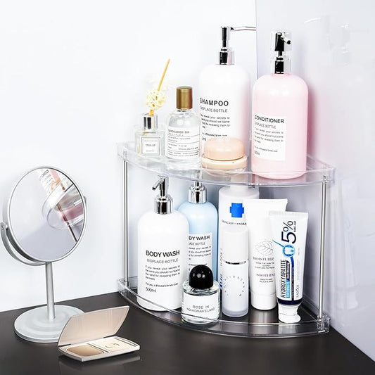 2 Tier Corner Bathroom Organizer, Clear Bathroom Counter Shelf for Vanity Countertop, Kitchen, Sink Storage, Tiered Skincare Organizer for Makeup, Perfume, Beauty Supplies (Triangular)