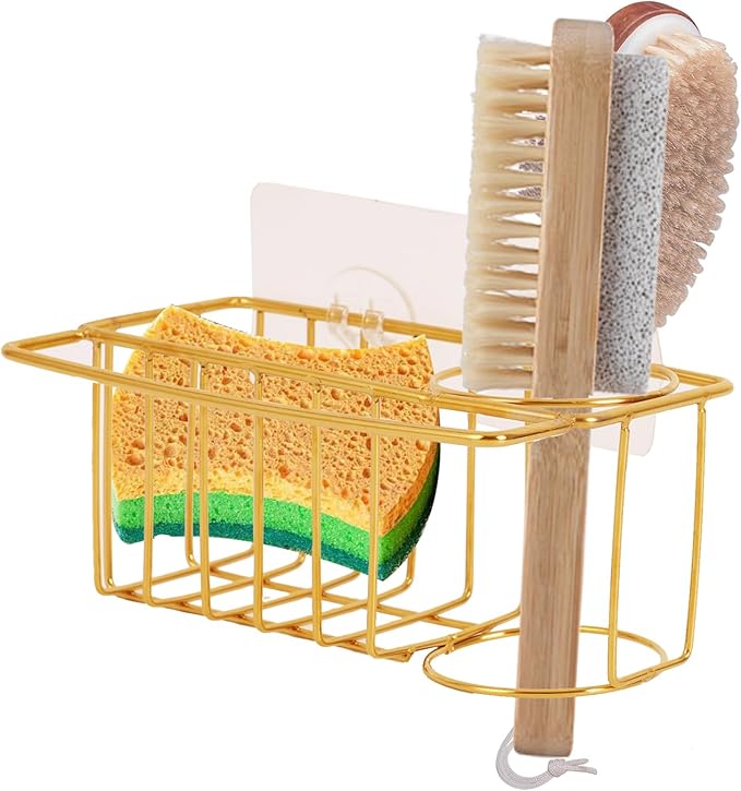 blueden 3-in-1 Adhesive Sink Caddy Kitchen Sink Organizer,Stainless Steel Sponge and Brush Holder for Kitchen Sink,Suitable for Sponges,Dish Cloth,Scrubbers, Soap, Kitchen, Bathroom.Gold