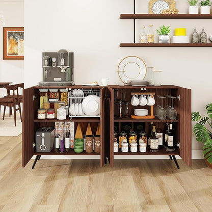 59" Accent Storage Cabinet with 4 Doors, Modern Decorative Cabinet with 3D Carved Door, Sideboard Buffet Cabinets with Adjustable Shelves, Credenza for Living Room, Entryway, Kitchen, Walnut