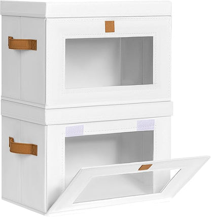 Homsorout Medium Fabric Storage Bins - Closet Shelf Organizer with Open Window, 2 Pack Closet Baskets for Shelves, Stackable Decorative Boxes for Home, Dorm, White, 13.7" x 9.8” x 9.8"