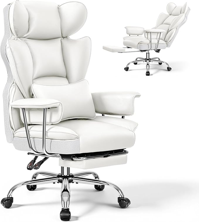 Office Chair Comfy, Big and Tall Executive Leather Chair, High Back Ergonomic Wide Chair with Footrest, Reclining Computer Desk Chair, Heavy Duty Gaming Chair with Padded Arm and Pillow, White