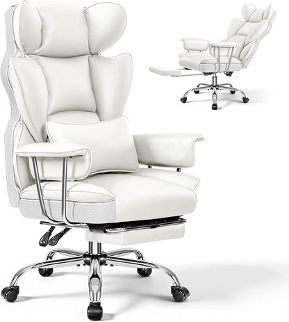 Office Chair Comfy, Big and Tall Executive Leather Chair, High Back Ergonomic Wide Chair with Footrest, Reclining Computer Desk Chair, Heavy Duty Gaming Chair with Padded Arm and Pillow, White