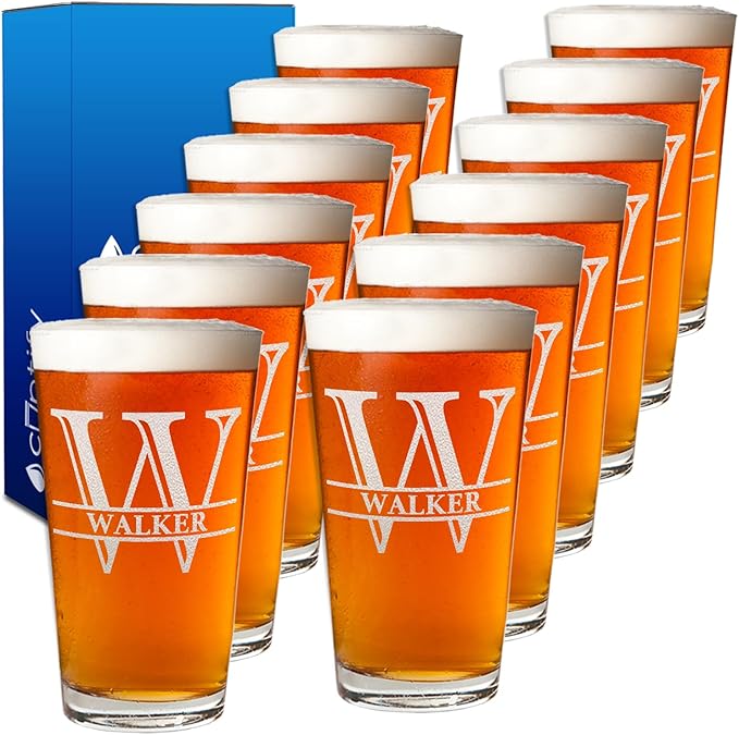 Personalized Beer Glasses Set of 12 Engraved 16oz Pint Glasses for Men & Women, Custom Drinking Gift for Birthdays, Weddings, Father’s Day & More