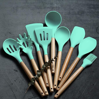 Umite Chef Kitchen Cooking Utensils Set, 24 pcs Non-stick Silicone Cooking Kitchen Utensils Spatula Set with Holder, Wooden Handle Heat Resistant Silicone Kitchen Gadgets Utensil Set (Green)