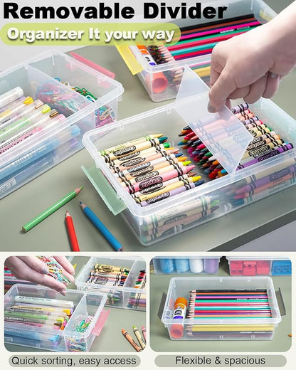 GEOPHIA 12 Pack Extra Large Pencil Box with Removable Divider, Thickened Pencil Case Bulk, Clear Crayon Marker Organizer Stackable Plastic Small Storage Containers for Pen Craft School Supplies, Multi