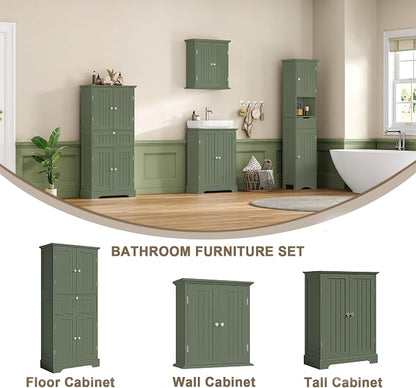 ChooChoo 51" H Tall Bathroom Floor Cabinet, Modern Bathroom Storage Cabinet with Drawer and Adjustable Shelves, Freestanding Kitchen Pantry Cupboard with 4 Doors for Living Room, Green