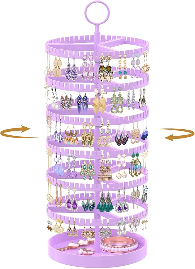 MODOWEY 6 Tier Rotating Earring Holder Organizer Display Tree with Metal Tray, Adjustable Plastic Stand with 342 Slots for Stud Hoop Hanger, Large Capacity Storage Rack for Women, Purple