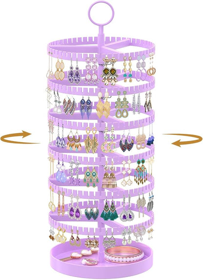 MODOWEY 6 Tier Rotating Earring Holder Organizer Display Tree with Metal Tray, Adjustable Plastic Stand with 342 Slots for Stud Hoop Hanger, Large Capacity Storage Rack for Women, Purple
