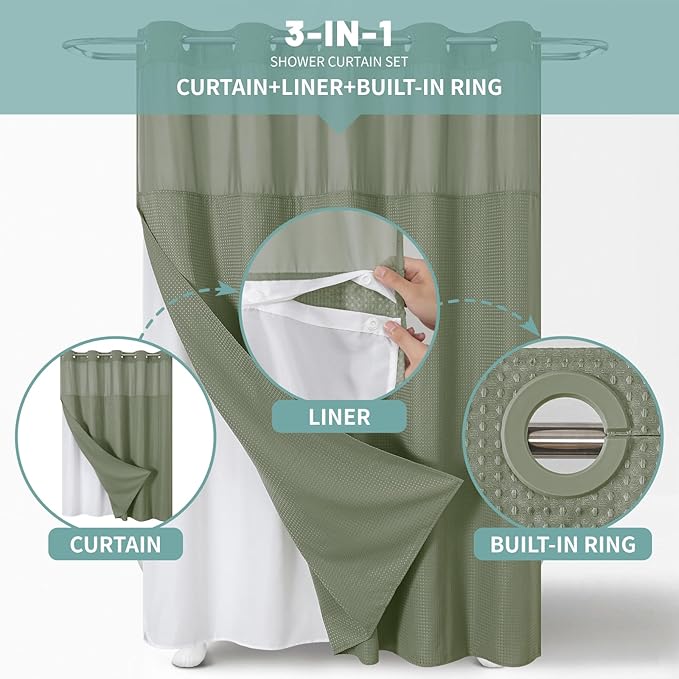 SageGreen Long No Hook Waffle Weave Shower Curtain with snap-in Liner Replacement, 230GSM Waterproof Fabric Hotel Shower Curtain Set for Bathroom, Through Mesh Top Window,71Wx80H