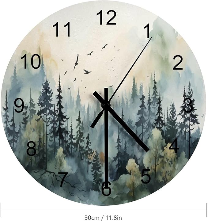 Forest Wall Clock 12 Inch Silent Non Ticking Clock Wooden, Watercolor Style Nature Mountain Woodland Green Forest Flying Birds Wall Clock Battery Operated Kitchen Bedroom Living Room Decor