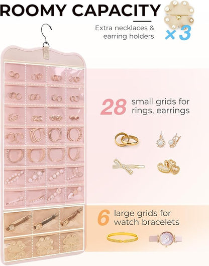 BAGSMART Hanging Jewelry Organizer Storage with Hanger Metal Hooks Double-Sided Jewelry Holder for Earrings, Necklaces, Rings on Closet, Wall, Door, 1 piece Large Pink
