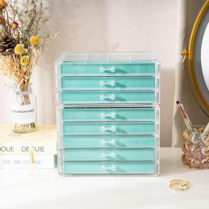 ProCase Earring Holder Organizer Jewelry Box with 8 Drawers, Acrylic Clear Earring Case with Adjustable Velvet Trays for Women - Aqua, 8 Layers