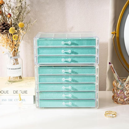 ProCase Earring Holder Organizer Jewelry Box with 8 Drawers, Acrylic Clear Earring Case with Adjustable Velvet Trays for Women - Aqua, 8 Layers