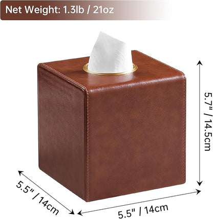 MEIBOOCH Square Tissue Box Cover, Luxury PU Leather Tissue Holder with Magnetic Closure (Brown)
