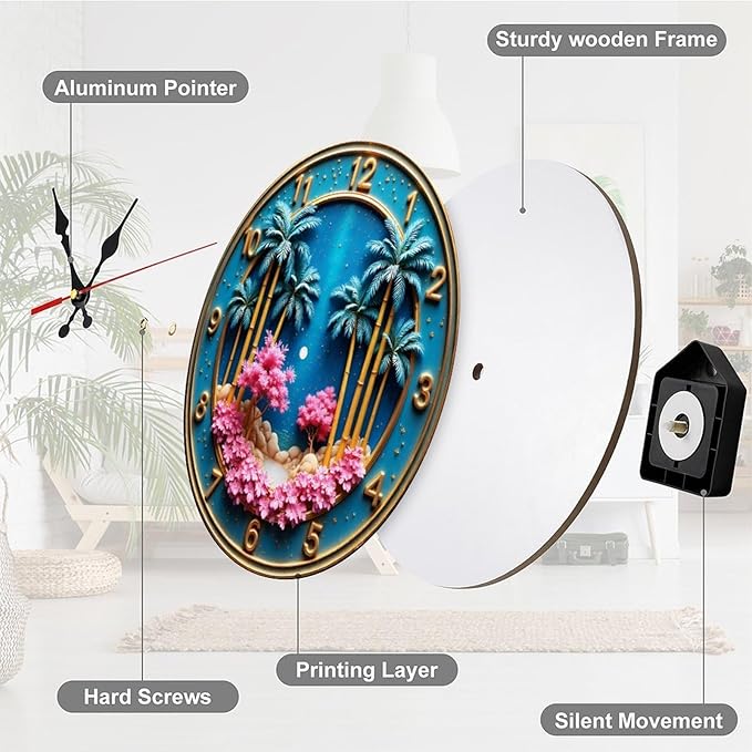 Wall Clock， Tropical Beach Non Ticking Wall Clocks Battery Operated， Blue Wooden Wall Clocks for Kitchen， Living Room， Bedroom， Office， Bathroom Decorative 25 * 25cm
