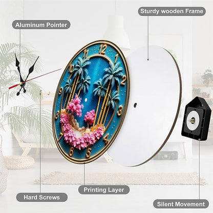 Wall Clock， Tropical Beach Non Ticking Wall Clocks Battery Operated， Blue Wooden Wall Clocks for Kitchen， Living Room， Bedroom， Office， Bathroom Decorative 25 * 25cm
