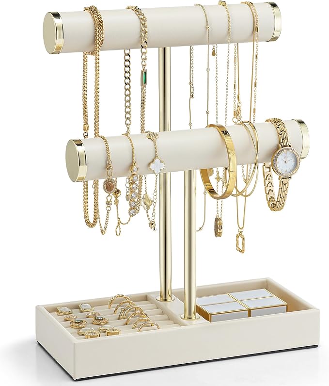 VLANDO 2 Tier Bracelet Holder Organizer with Tray - Leather Jewelry Stand Organizer for Women - Jewelry Holder Display for Necklace, Watches, Rings, Earrings, Bangle, Scrunchie - Cloud White