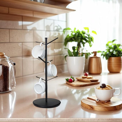 360° Rotating Mug Tree, 6 Hooks Upgraded Stable Metal Mug Holder, Bamboo Base Coffee Mug Cup Rack for Counter Top, Mug Display, Home Storage and Cup Organizer, Black