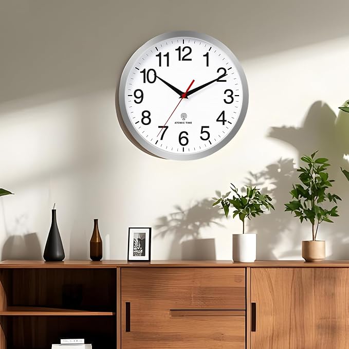 Rohioue Atomic Wall Clock Modern 10 Inch Battery Operated Analog Clock Decorative for Bedroom Kitchen Bathroom Office Home Living Room (Silver)