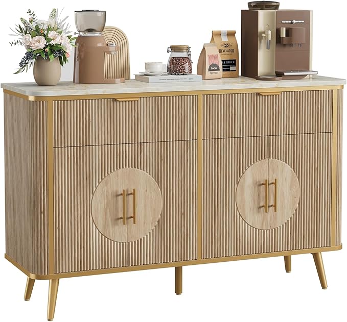 47.2" Buffet Storage Cabinet, Modern Fluted Coffee Bar Station with 2 Drawers & Adjustable Shelves, Kitchen Sideboard Buffet for Dining Room, Living Room, Hallway, Natural Oak