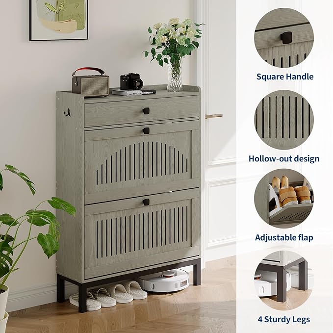 Garvee 2 Flip Drawer Shoe Cabinet with Adjustable Shelves, Hidden Shoe Organizer with Top Drawer, Freestanding Wooden Shoe Rack for Entryway, Hallway, Living Room, Washed Gray
