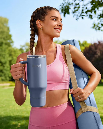 Renoj Tumbler with Handle 100% Spill Resistant Insulated Water Bottle for Iced Coffee & Hot Drinks - Fits Car Cup Holder, Ideal Gift, 2 Straws & Silicone Boot BPA-Free - FlexSlide Navy Blue 32 oz