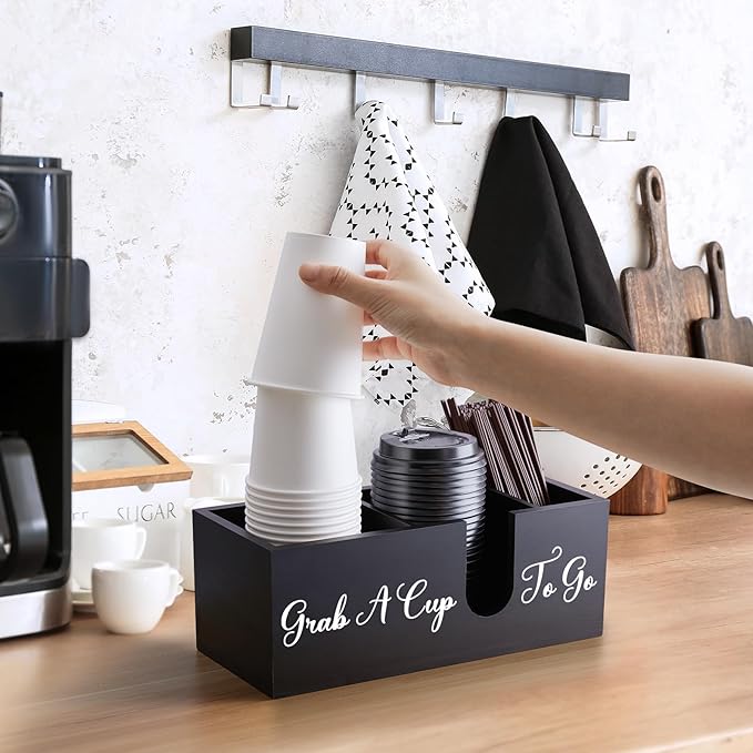 ALELION Coffee Cup Holder for Countertop - Wood Coffee Bar Accessories and Organizer - Coffe Station Organizer for Cup Lid Stirrers Pod