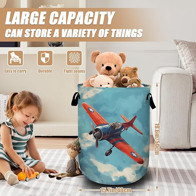 Vintage Airplane Laundry Basket, Foldable Laundry Hamper Tote Bag Dirty Clothes Storage Bucket Toy Organizer for Bathroom/Laundry/Bedroom 15.7"x19.6"