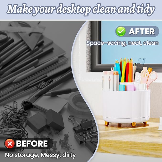 Pencil Holder for Desk 360 Rotating, Pen Holder for Desk or Classroom, Pencil Cup & Pen Organizer, Rotating Caddy, Makeup Brush Holders with 6 Slots, White