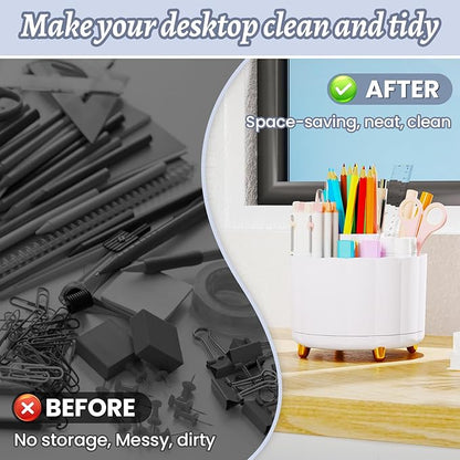 Pencil Holder for Desk 360 Rotating, Pen Holder for Desk or Classroom, Pencil Cup & Pen Organizer, Rotating Caddy, Makeup Brush Holders with 6 Slots, White