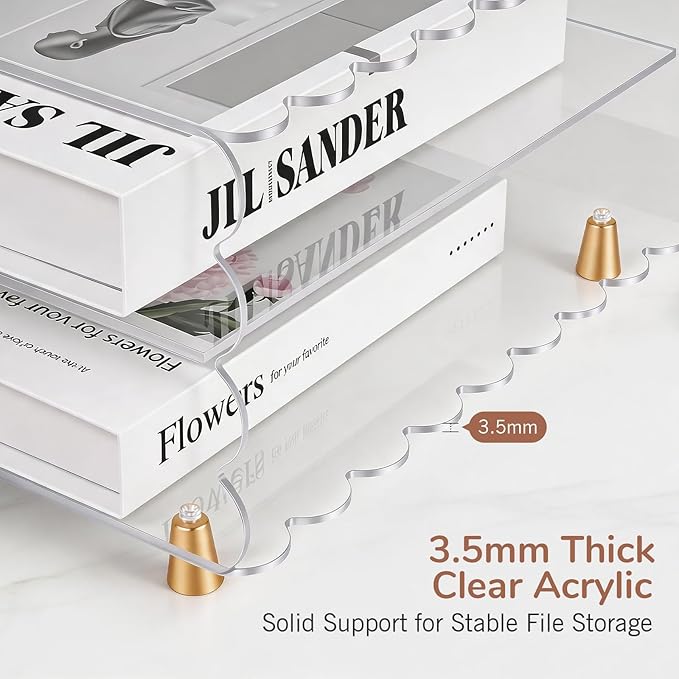 2+1 Tier Paper Letter Tray,Acrylic Desk Organizer with Scalloped Edge& Gold Metal Feet,Top Display Design,Space Saving Clear Organizer for Women, A4 File, Letter, Books,Notes,Home & Office