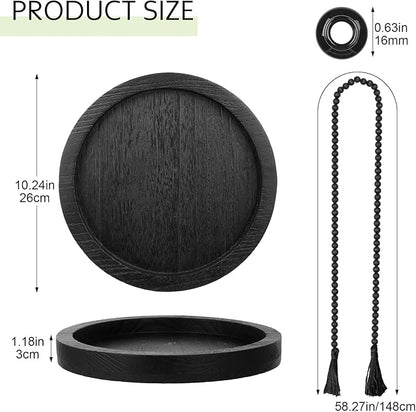 5 Pcs Rustic Tabletop Centerpieces Decor Set of 3 Boho Ceramic Vases with Wooden Serving Tray Wood Bead Garland Tassels Table Holder for Home Decorations (Black)