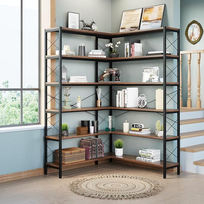 Wildhome 6-Shelf Corner Bookshelf, Vintage Industrial L Shaped Bookshelf Etagere Bookcase, Corner Shelf with Metal Frame Open Storage Rack Corner Book Shelf for Home Office Living Room (Retro Brown)