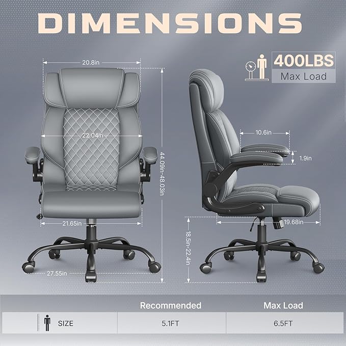Office Chair-Executive High Back Breathable Comfy Desk Chair with Flip-up Armrests Lumbar Support-Ergonomic Leather Rolling Swivel Chair with Rock Function for Working Studying Gaming