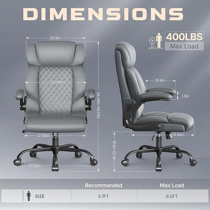 Office Chair-Executive High Back Breathable Comfy Desk Chair with Flip-up Armrests Lumbar Support-Ergonomic Leather Rolling Swivel Chair with Rock Function for Working Studying Gaming
