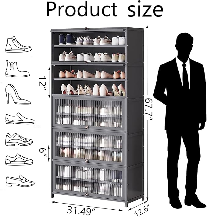10-Tier Large Shoe Cabinet with Acrylic Doors, Large Capacity Bamboo Shoe Cabinet, 40-45 Pairs Shoe Rack, Free Standing Shoe Rack,Entrance for Hallway Living Room