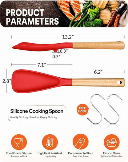 Cooking Spoon for Nonstick Cookwares, Great for Cooking and Serving Sturdy BPA-Free Matte Silicone, Wood Handle Spoon for Mixing, Scoop, and Scrape (2 Pack of Red, 13.4 inch)