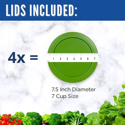 Replacement Lids fits Pyrex 6 & 7-Cup Glass Food Storage Container Bowls, 7.5-Inch Plastic Round Lids Covers for Pyrex 7402-PC, Airtight & Leakproof (4-Pack, Green)