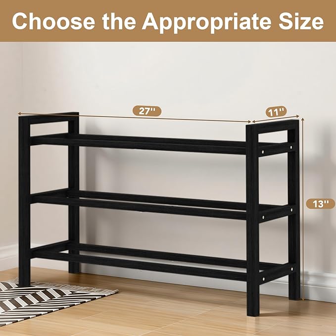 Haddockway Bamboo Shoe Rack for Closet, Free Standing Shoe Organizer with Smooth Round Rods & Convenient Handles, Stackable Shoe Storage Shelf for Entryway, Hallway(Black, 3-Tier)