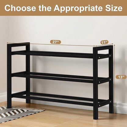 Haddockway Bamboo Shoe Rack for Closet, Free Standing Shoe Organizer with Smooth Round Rods & Convenient Handles, Stackable Shoe Storage Shelf for Entryway, Hallway(Black, 3-Tier)