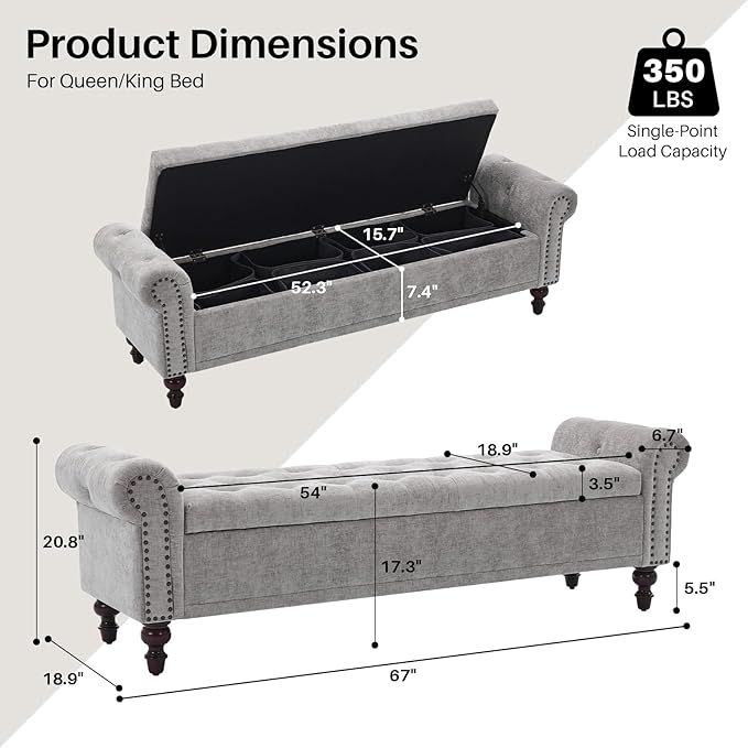 Storage Bench for Bedroom, 67" End of Bed Bench King Size, Upholstered Chenille Storage Ottoman with Tufted Cushioned Rolled Arm Large Storage Space for Living Room Entryway, Light Grey