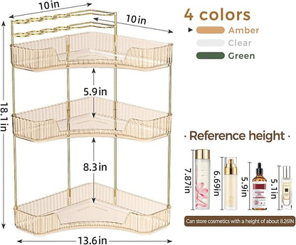BEFSOP Corner Bathroom Counter Organizer, Upgraded 3-Tier Makeup Organizer Countertop with Makeup Brush Holder, Skincare Exquisite Vanity Organizers Countertop Bathroom Storage Dresser(GOLD)