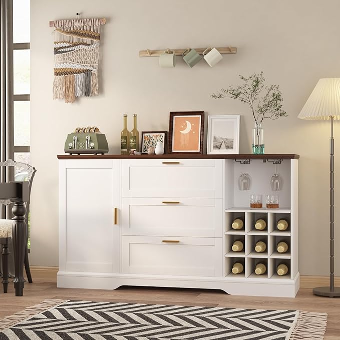 63 Inch Farmhouse Sideboard Buffet with Drawer Adjustable Shelves,Kitchen Island with Door-Back Rack for Snacks,Coffee Bar Buffet with Wine Racks Storage for Kitchen Entryway White and Walnut