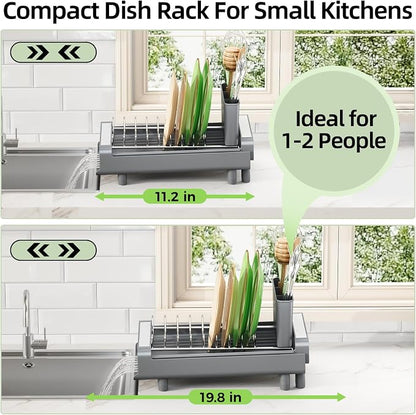 TOOLF Small Dish Drying Rack, Mini Expandable Compact Dish Rack, Slim Extendable Stainless Steel Dish Drainer for Kitchen Plate Storage, Space Saving Dish Strainer in Sink or on Home Countertop, Gray