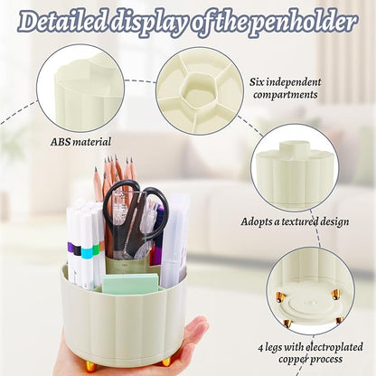 360 Degree Rotating Pen Holder for Desk, 6 Slots Desktop Organizer Caddy for Pens, Pencils, Markers, Multi-Functional Pencil Cup & Office Supplies Holder, Beige