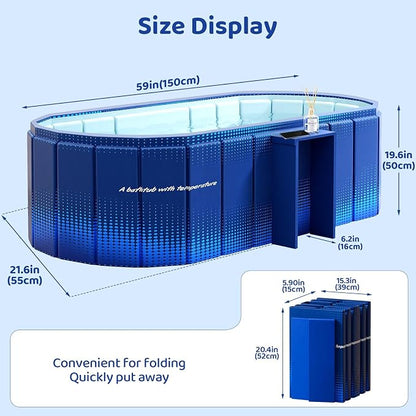 Portable Foldable Bathtub, Freestanding Bathtub No Installation, Bathroom SPA Soaking Bath Tub, Shower Stall Collapsible Hot & Ice Bath Tub (Blue with Storage Rack, 59"L x 21.6"W x 19.6"H)